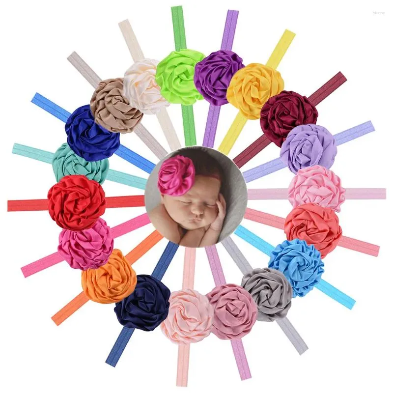 Hair Accessories 30pcs 3" Simple Rolled Satin Rose FOE Headband For Baby Girls Pography Props Kids Elastic Flower Hairband