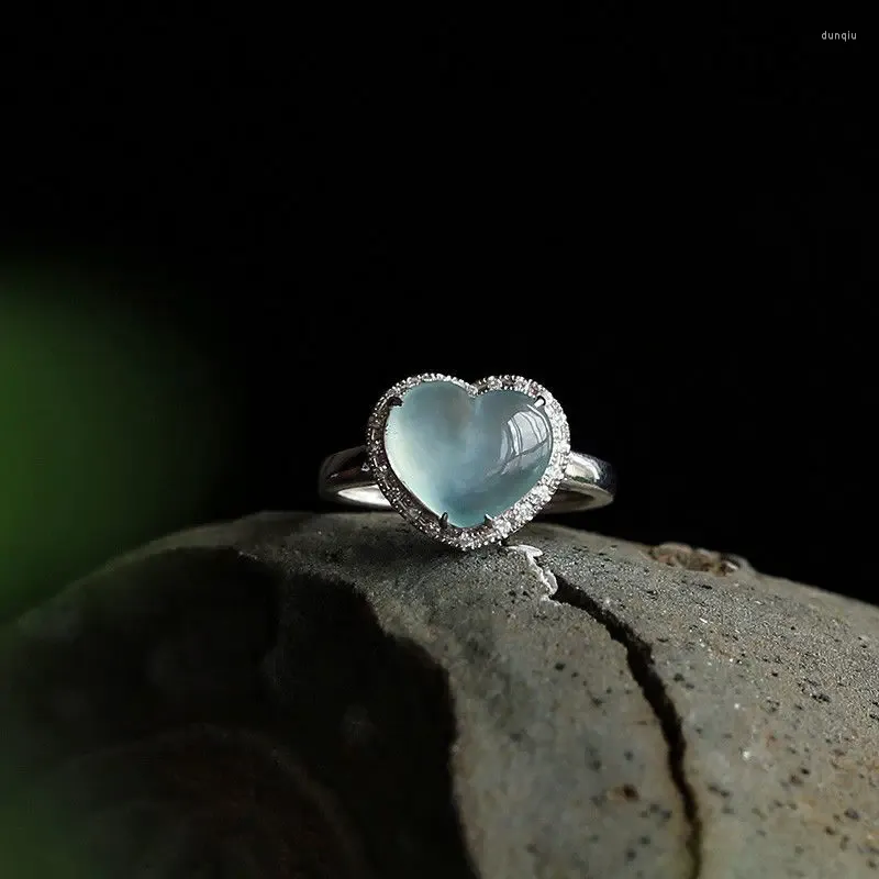 Anelli a grappolo Calcedonio naturale Amore a forma di cuore Anello regolabile con apertura a diamante Fascino retrò cinese Gioielli in argento di marca da donna