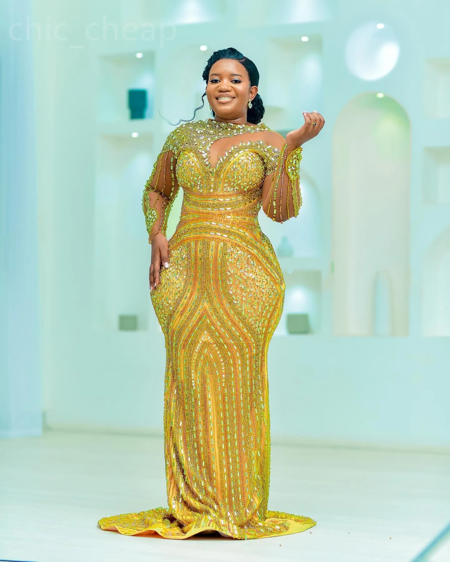 Gold Mermaid Gold sparkly prom dress with Beaded Crystals - Perfect for Evening Formal Parties, Second Reception, 50th Birthday, and Engagement - Aso