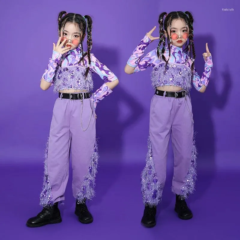 Stage Wear Jazz Dance Performance Costumes For Girls Purple Tops Loose Pants Suit Streetwear Ballroom Hip Hop Clothing DQS12607