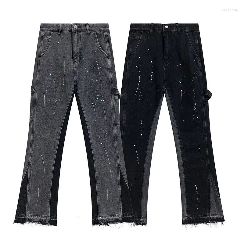 Herr jeans trend varumärke vintage stretch high street unisex artificiell bläck stänk raka byxor mode lapptäcke denim byxor