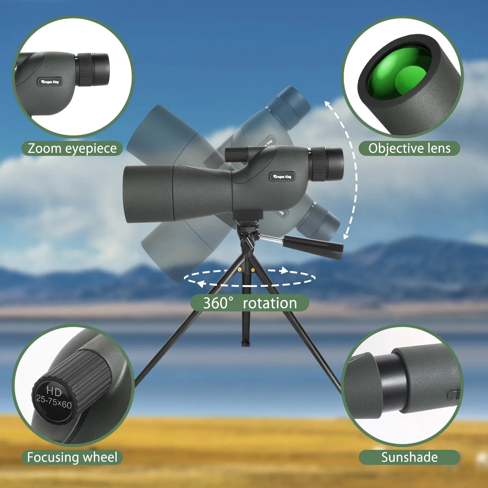 2575 x 60 Teleskop-Spektiv, leistungsstarkes Zoom-Monokular, FMC BAK4, wasserdicht, für die Vogelbeobachtung, Zielstachel, mit Stativ 240312