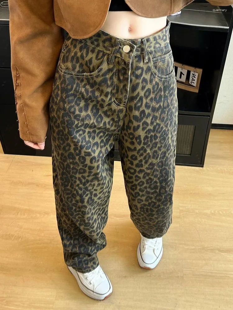 Damesjeans 2024 Retro Fashion Leopard Print Women High Tailed Pants Streetwear Wide Leg Denim Trousers 2000s Y2K Baggy