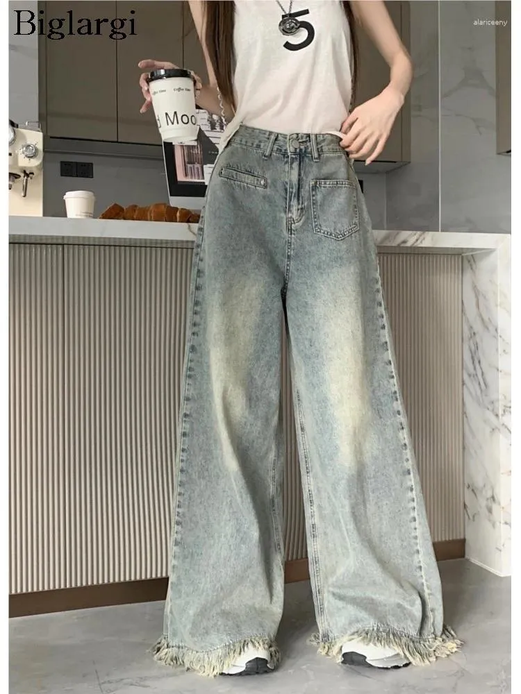 Jeans femininos primavera calça longa mulheres franja moda cintura alta senhoras calças casuais soltas perna larga plissada estilo coreano mulher calças