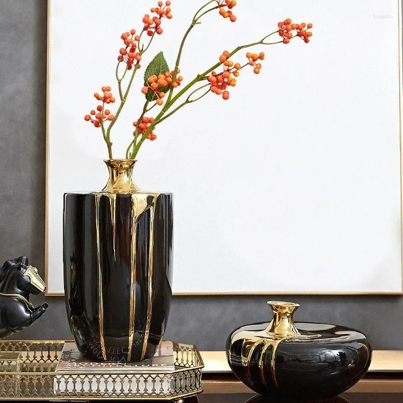 Vases Modern Luxury Ceramic Vase Flower Arrangement Dried Ornament Black Gold Living Room Decoration Home
