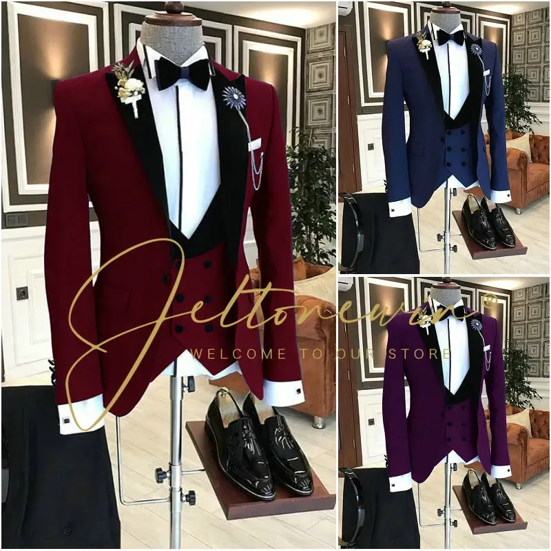 Garnitury wykonane na zamówienie Burgundowe czarne aksamitne garnitury klapowe dla mężczyzn pan młody Tuxedo 3 -częściowy ślub męski garnitur terno masculino+spodni+kamizelka