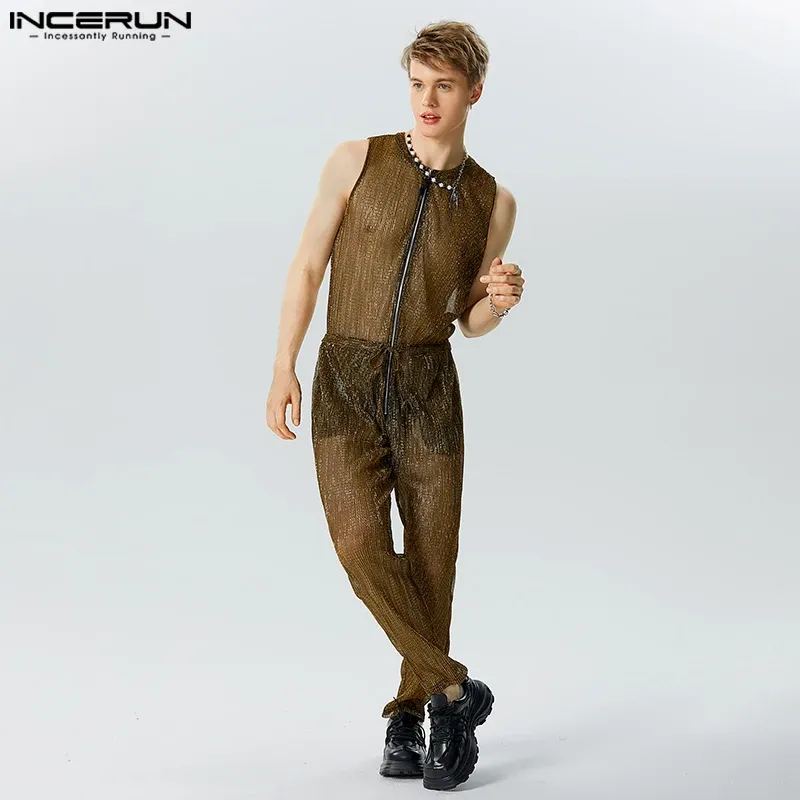 Overall 2023 män jumpsuits mesh lapptäcke transparent oneck ärmlösa streetwear rompers fitness sexig mode overall s5xl incerun