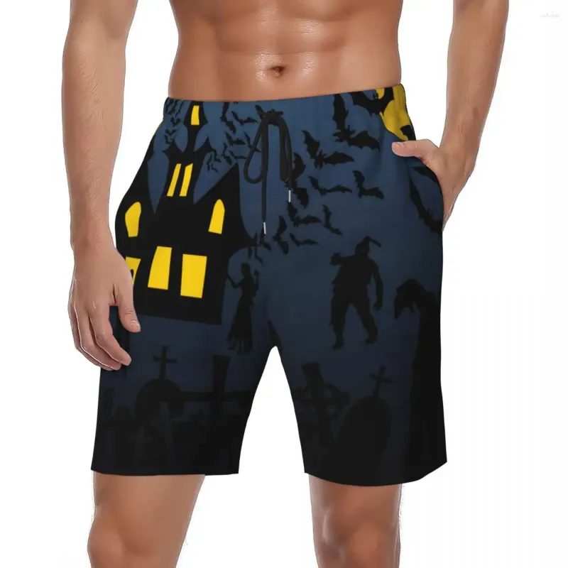 Herr shorts baddräkt halloween fladdermöss styrning sommar spökhus y2k rolig strand manlig design kör snabb torr badstammar