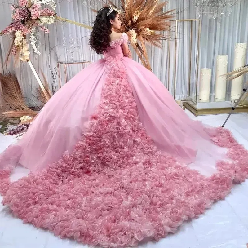 2024 Pink Quinceanera Dress Floral Applique Volume Girls Brithday Wear Sweet 16 Dress vestidos de 15 anos 데뷔 테이트 가운 무도회 드레스