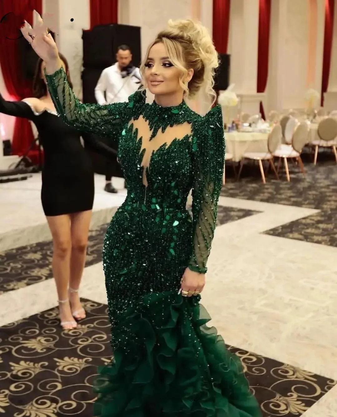 Green Beaded Mermaid Green sparkly prom dress with Long Sleeves, High Neck, and Glitter Detailing - Elegant Reception Gown for Women with Ruffles and
