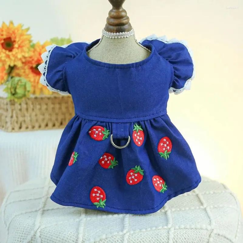 Dog Apparel Breathable Strawberry Princess Dress Soft With Drawstring Buckle Cat Skirt Polyester Traction Denim