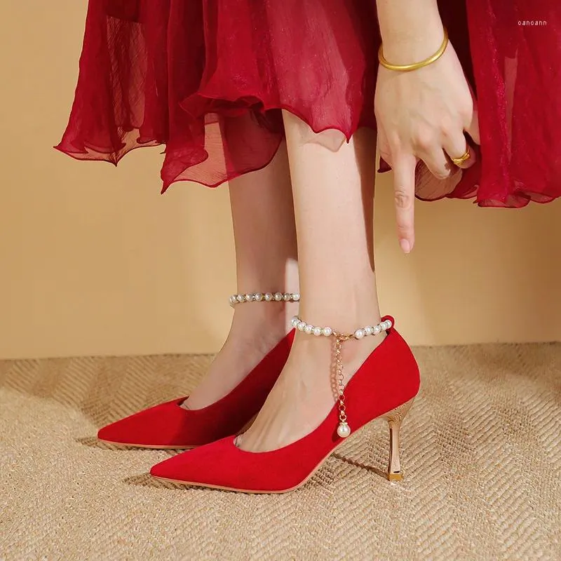 Туфли под платье, размер 31-44, жемчужная цепочка с пряжкой, свадебные женские туфли на красном каблуке, туфли подружки невесты на высоком каблуке