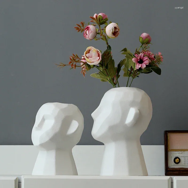 Vasos nórdico abstrato cabeça humana estátua branca vaso de cerâmica sala de estar decoração de flores secas ornamentos para casa