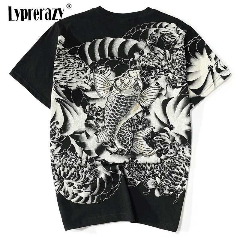 Lyprerazy Harajuku T-shirt giapponese Onda Carpa pesce Fiore Ricamo Nero Streetwear 100 cotone Hip Hop Stampa Magliette 240315