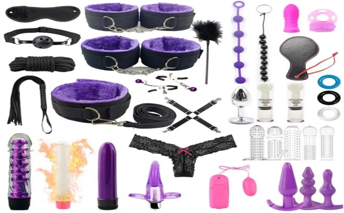 35 Pcsset Produtos Adultos Eróticos BDSM Bondage Set Algemas Anal Plug Vibrador Vibrador Chicote Brinquedos Sexuais para Casais Y2004229759384