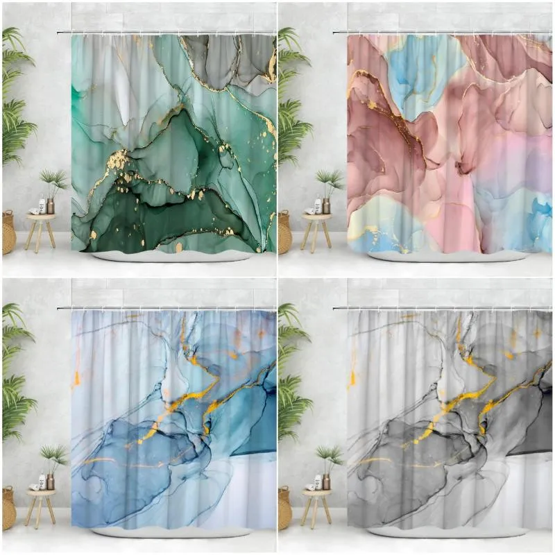 Shower Curtains Abstract Marble Curtain Blue Green Purple Jade Textured Gold Stripe Watercolor Paint Modern Ink Art Deco Bathroom Set
