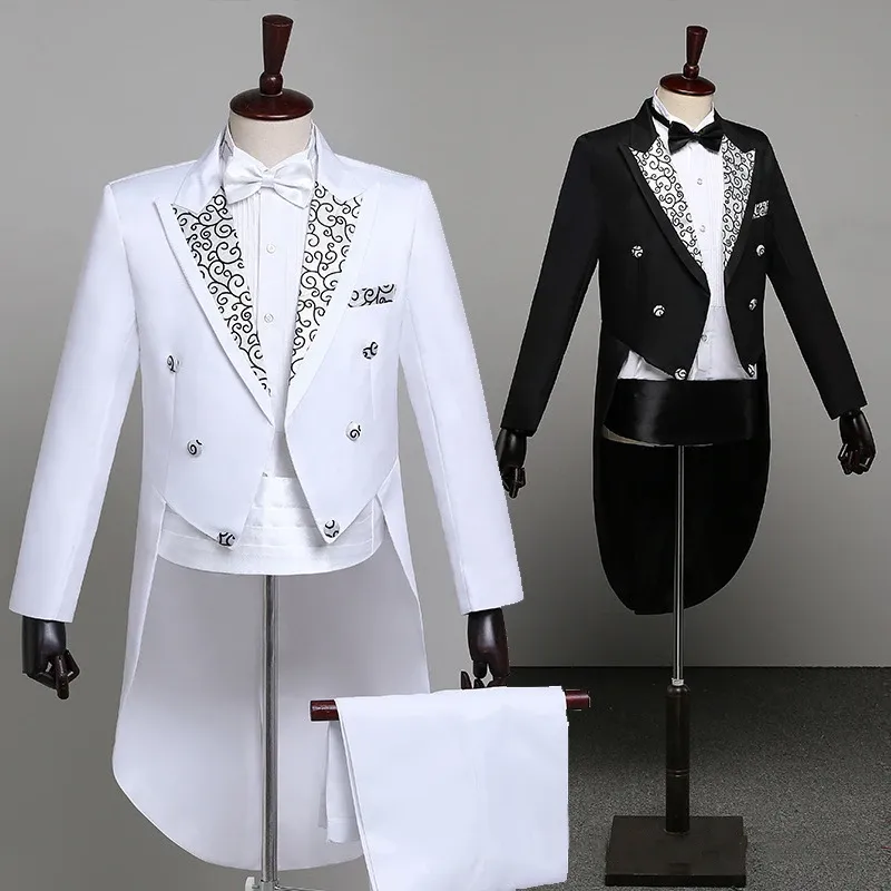 Pakken Tuxedo Dress Suits Men Classic Borduurwerk Shiny Rapel Tail Coat Tuxedo Wedding Bruidegom Stage Singer 2 -stuk pakken Dress Coat Tails