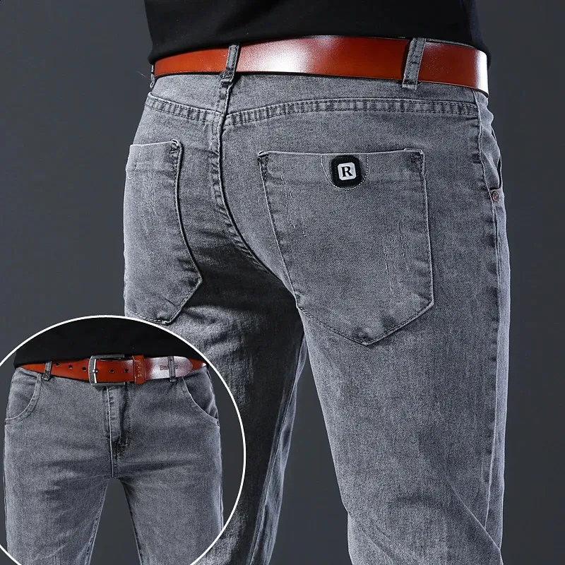 Moda jeans masculino estilo coreano em linha reta cinza calças de cintura média masculino casual denim 240315
