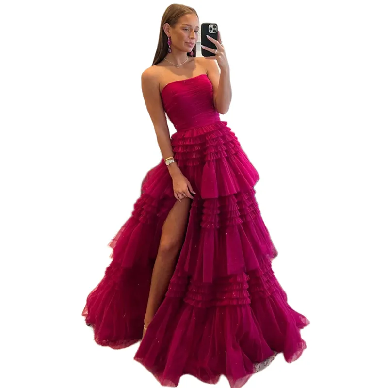 Strapless or Tiered Side Split Long Fuia layered tulle prom dress for Women - Perfect for Pageants, Birthdays, and Special Occasions