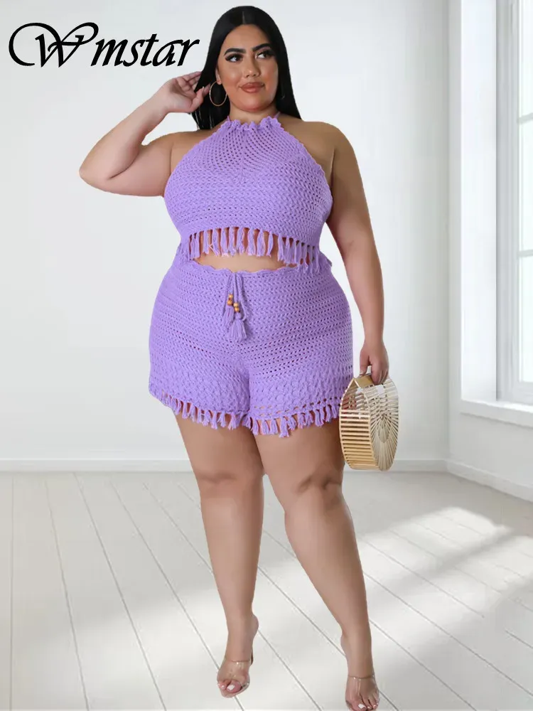 Sets Wmstar Plus Size Shorts Sets Two Piece Set Women Knitted Crop Top Pants Hollow Out Sexy Club Outfits Wholesale Dropshipping