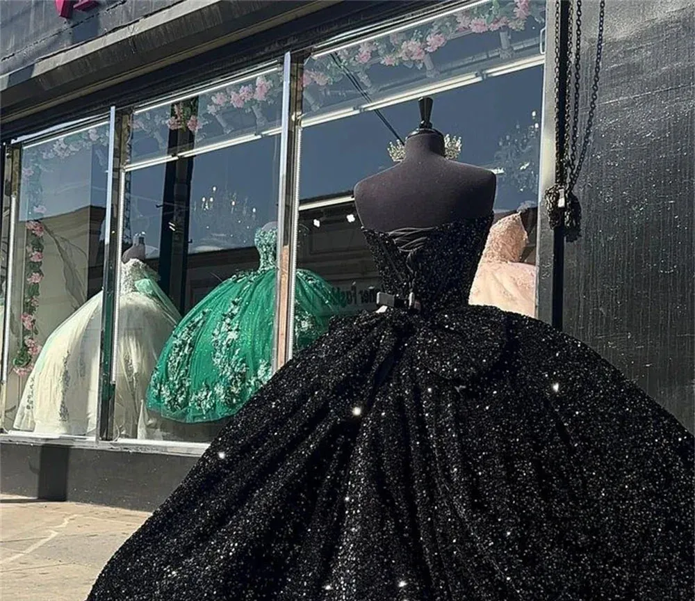 Sequined Ball Gown Sweet 16 Black prom dress - Sparkling Black Quinceanera Black prom dress for Princess Birthday Party - Vestidos de 15 Anos