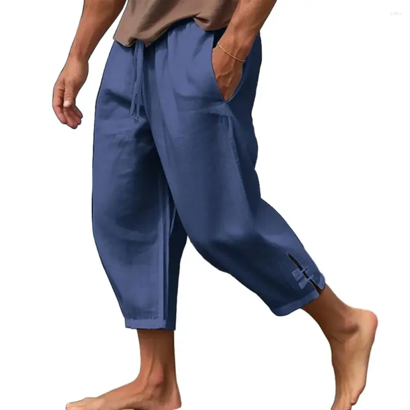 Pantaloni da uomo con coulisse in lino per le vacanze estive in spiaggia con elastico in vita cavallo profondo vestibilità ampia ritagliata per A