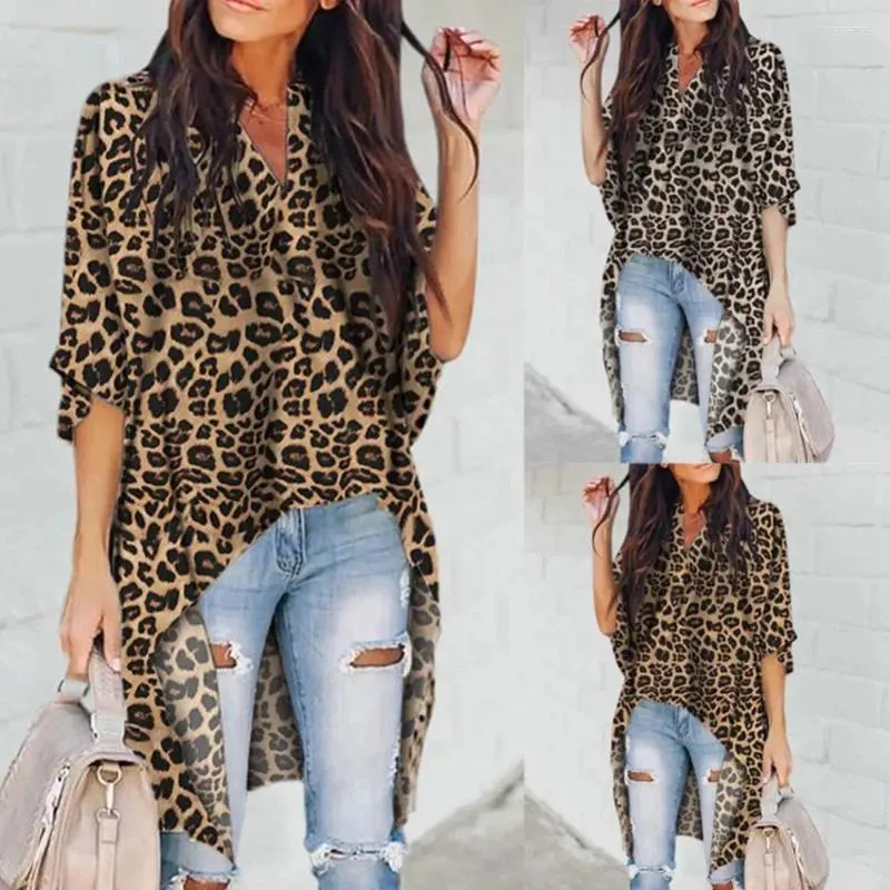 Women's Blouses Women Leopard Irregular Blouse Short Front Long Back V-neck Sleeve Tops Fashion Ladies Loose Shirts Autumn Spring