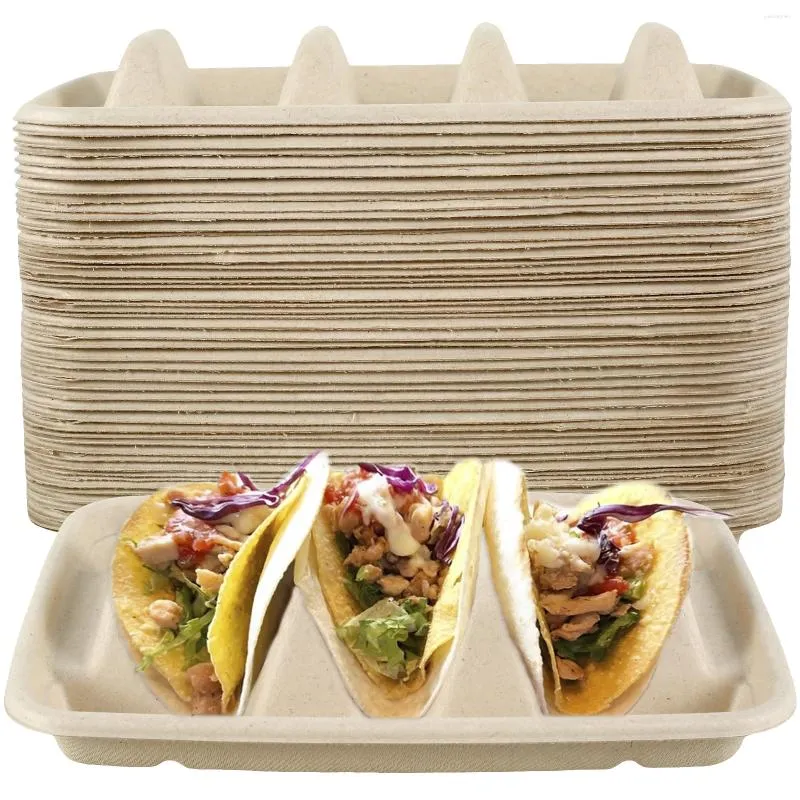 Plates 50Pcs Taco Reusable 3 Compartments Serving Stackable Tray Holder No Mess Keeps Your