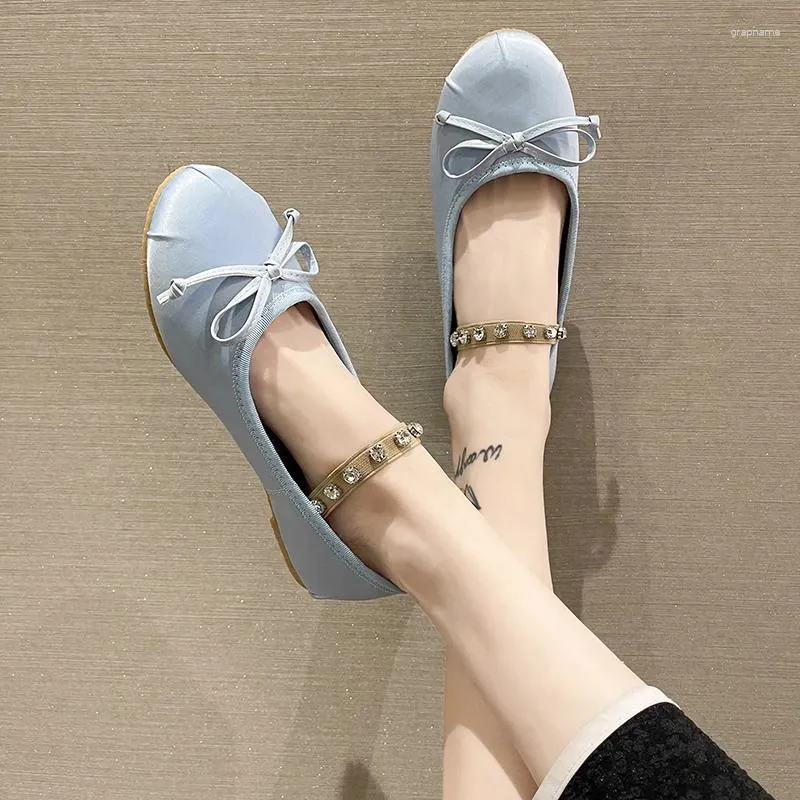 Casual Shoes 2024 Summer Flat Women's Fashion All-match Rhinestone Bow Round Head Ballet Mary Jane Plus Size 43