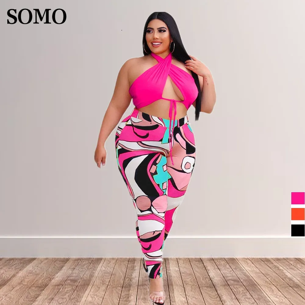 Set 5xl Summer Outfits Sexig snörning Top Print Sweatpants Hollow Out Plus Size Two Piece Set Women Clothing Wholesale Dropshipping