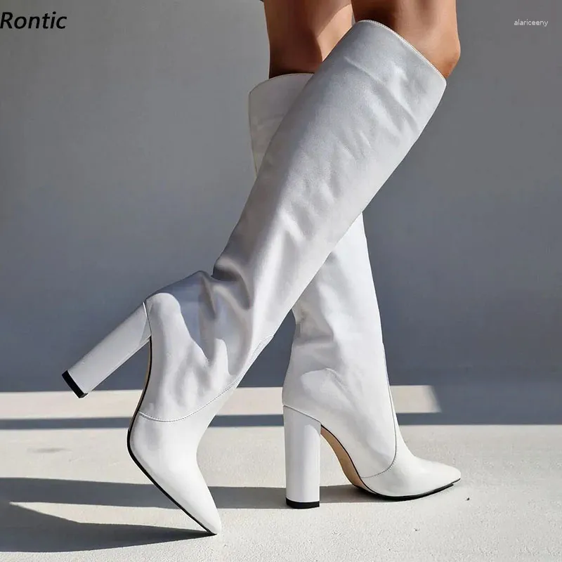 Bottes Rontic faites à la main femmes hiver genou MaSexy gros talons hauts bout pointu blanc chaussures de fête dames taille américaine 5-15