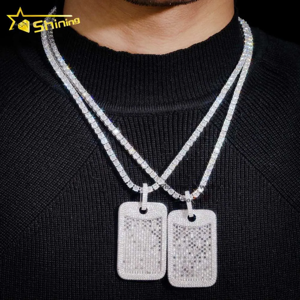 Shining Jewelry White Gold Plated Baguette Cut Vvs Moissanite Iced Out Men Hip Hop Sier Dog Tag Pendant