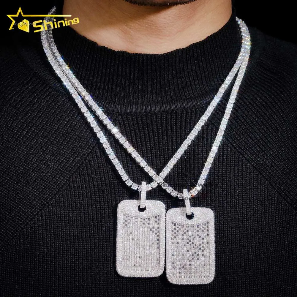 Bijoux brillants plaqué or blanc, Baguette coupée Vvs Moissanite glacée pour hommes, pendentif étiquette de chien Hip Hop Sier