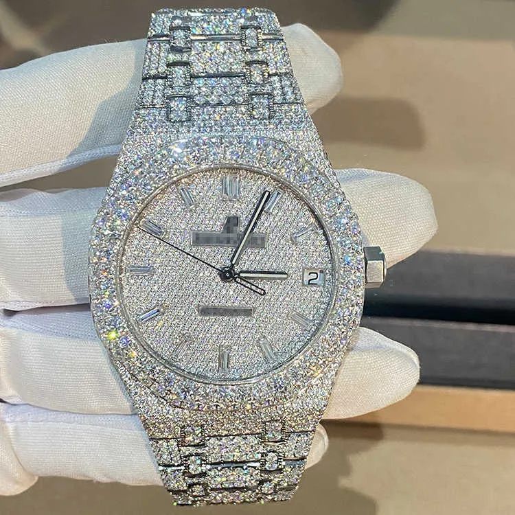 Homens high-end luxo bling jóias cheio diamante dial relógio vvs moissanite hip hop gelado fora stainlwatchess aço relógios mecânicos