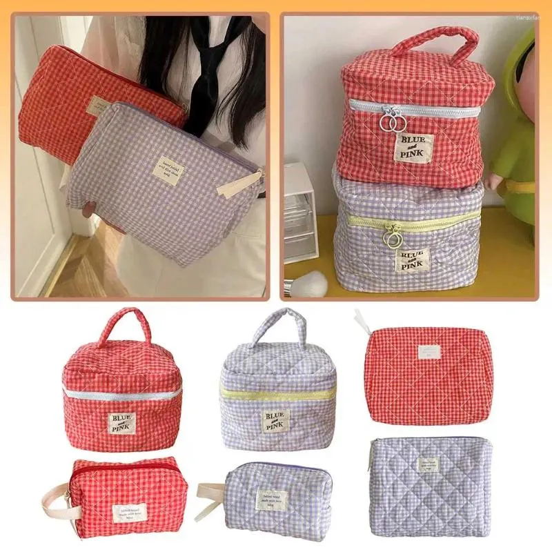 Sacs à cosmétiques pour femmes, sac de maquillage à carreaux, grande capacité, rangement de pinceaux en coton, pochette en tissu doux, sac à main de toilette de voyage mignon