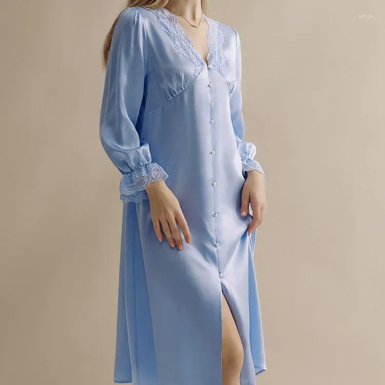 Женская одежда для сна, ночная рубашка из натурального шелка с v-образным вырезом и кружевной отделкой, женская элегантная ночная рубашка с длинными рукавами, домашняя одежда, мягкий халат, ночная рубашка