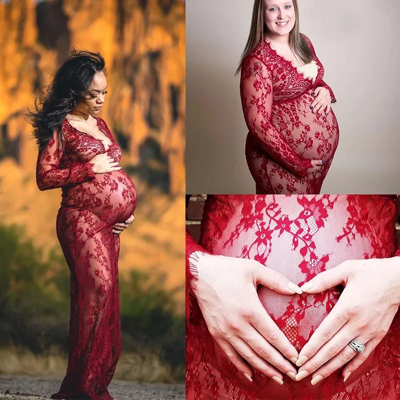 Robe de grossesse pour Po Shoot maternité pographie accessoires Sexy col en V dentelle Maxi robe grande taille femmes enceintes vêtements 240309