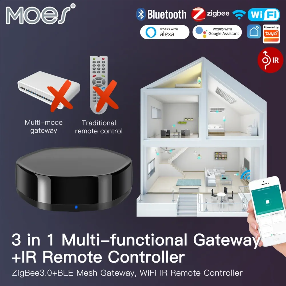 Control Tuya Smart Home WiFi 3 in 1 Wireless Multifunction BLE Mesh+ZigBee Gateway with 38K IR Remote Controller via Alexa Google Home