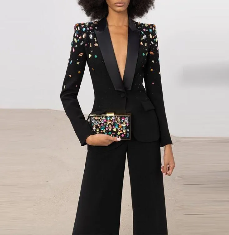 HIGH STREET Newest 2024 Designer Runway Fashion Suit Set Women's Slim Fitting Strass Diamonds Beaded Blazer Pants Set