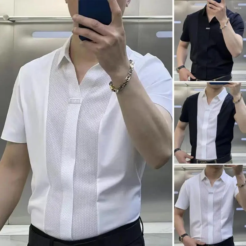 Men's Casual Shirts Men Summer Shirt Turn-down Collar Short Sleeves Solid Color Slim Fit Patchwork Soft Breathable Formal Business Style Top