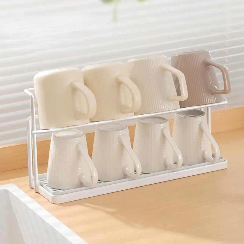 Kitchen Storage 2 Tier Cup Drying Rack With Drain Tray Countertop Mug Holder Organizer Shelf For Glasses Tumbler Teacups Spice