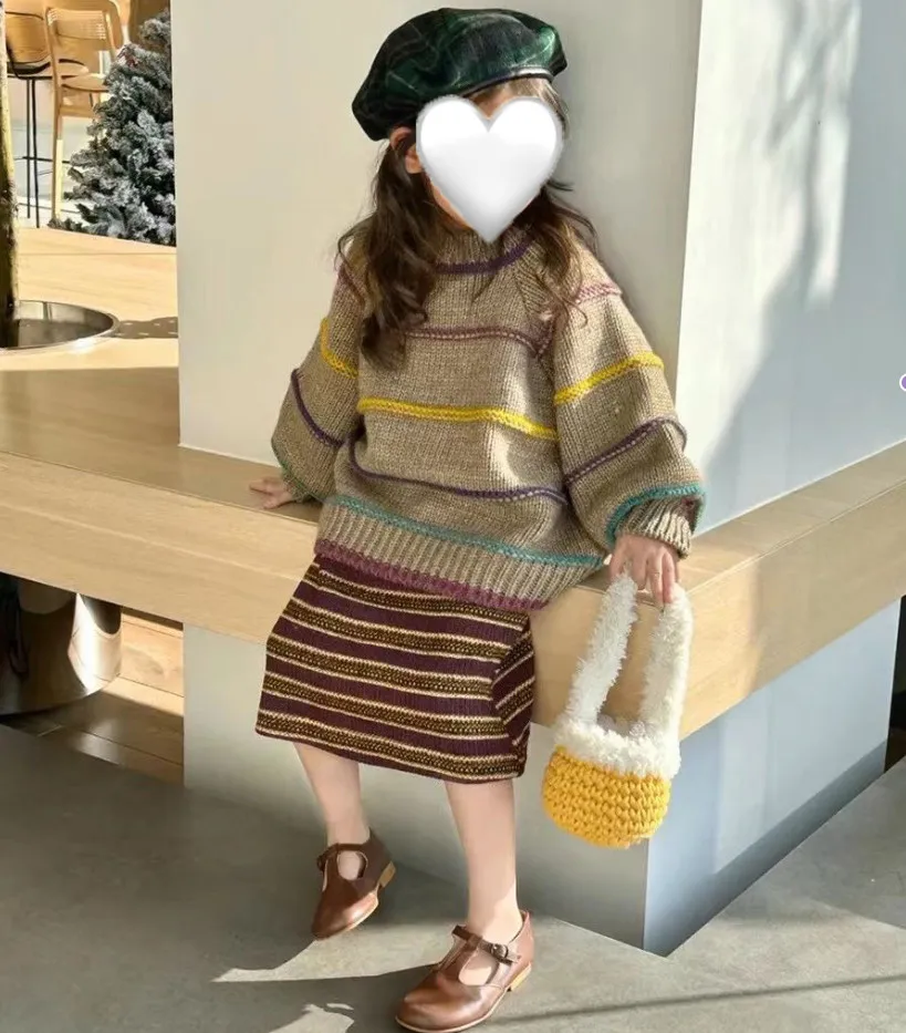 Dziewczyny kolorowe paski na dzianiny Zestawy Swetrów Dzieciowe Sweter z długim rękawem Pullover spódnica moda Dzieci Księżniczki stroje Z4222