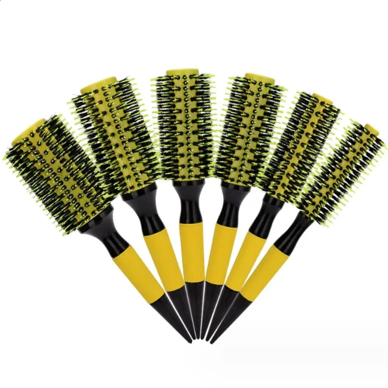 Professional 6pcs/set Yellow Wood Handle Boar Bristles Round Hair Comb Hairdressing Hair Brush Barber Salon Styling Tools 240314