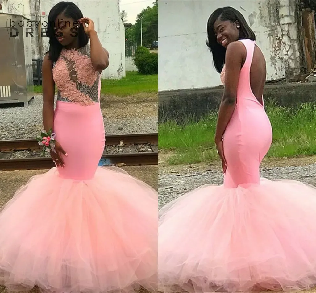 Mermaid Stunning Pink Prom Dresses African Girls Plus Size Open Back Illusion Bodice Beads Appliques Top Ruched Long Evening Gowns Junior Graduation Wears