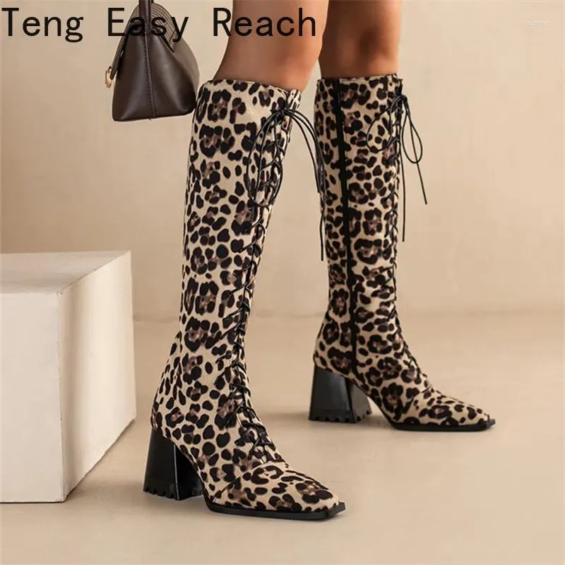 Buty 2024 Fashion Women Knee High Lace-Up Front Chunky Heel Zipper Lopard Print Druku