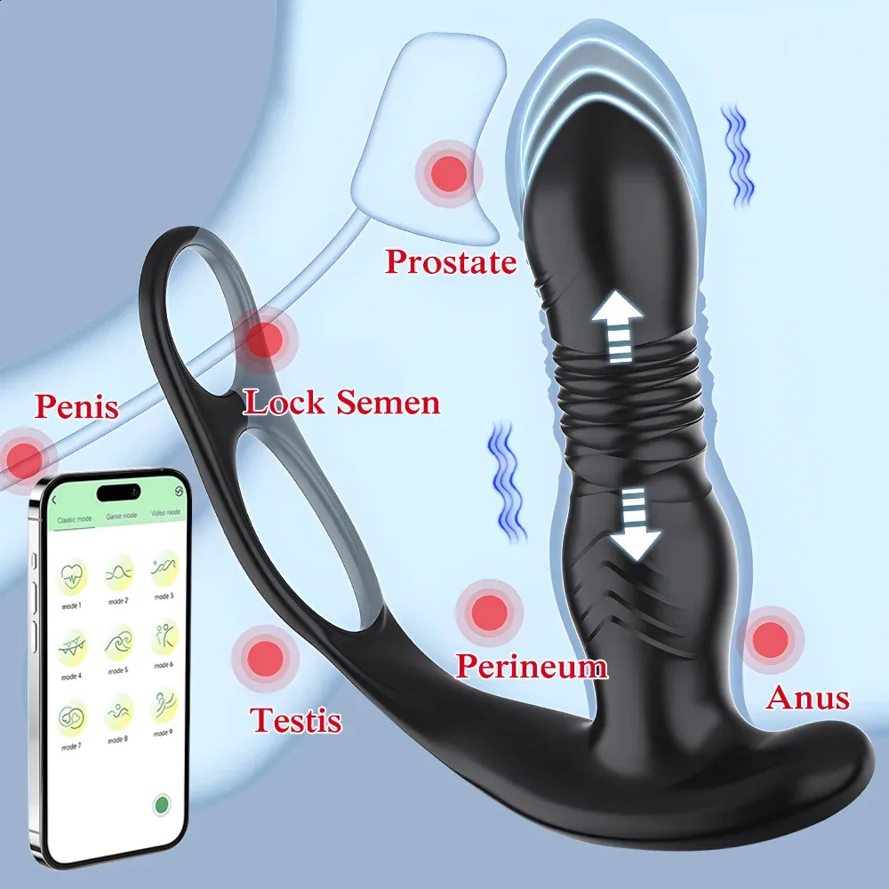 App empurrando massageador de próstata anal vibrador vibrador pênis anel peniano plugue telescópico brinquedos sexuais homens 240312