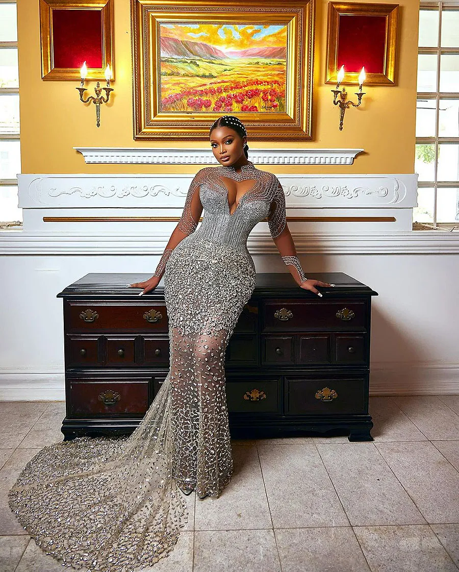 Wedding African Mermaid Dress Long Sleeve Arabic Plus Size Detachable Train Beading Bridal Gown Sparkle Aso Ebi Custom