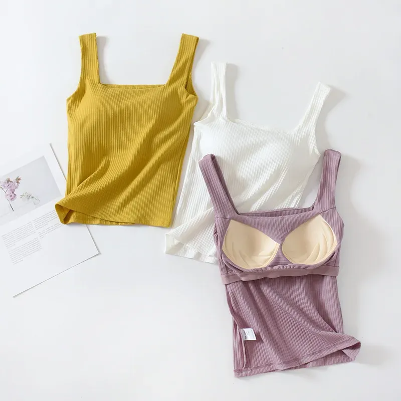 Tops Fashion Woman Basic Tank Top Square Collar Built in Bra Tanks Female Sleeveless Casual Sport Camisole Tee