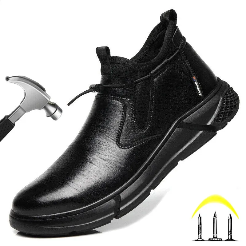 Zapatos de seguridad de cuero de moda para hombre, puntera de acero para trabajo, botas de trabajo indestructibles para hombre, zapatos protectores, zapatos a prueba de pinchazos 240309