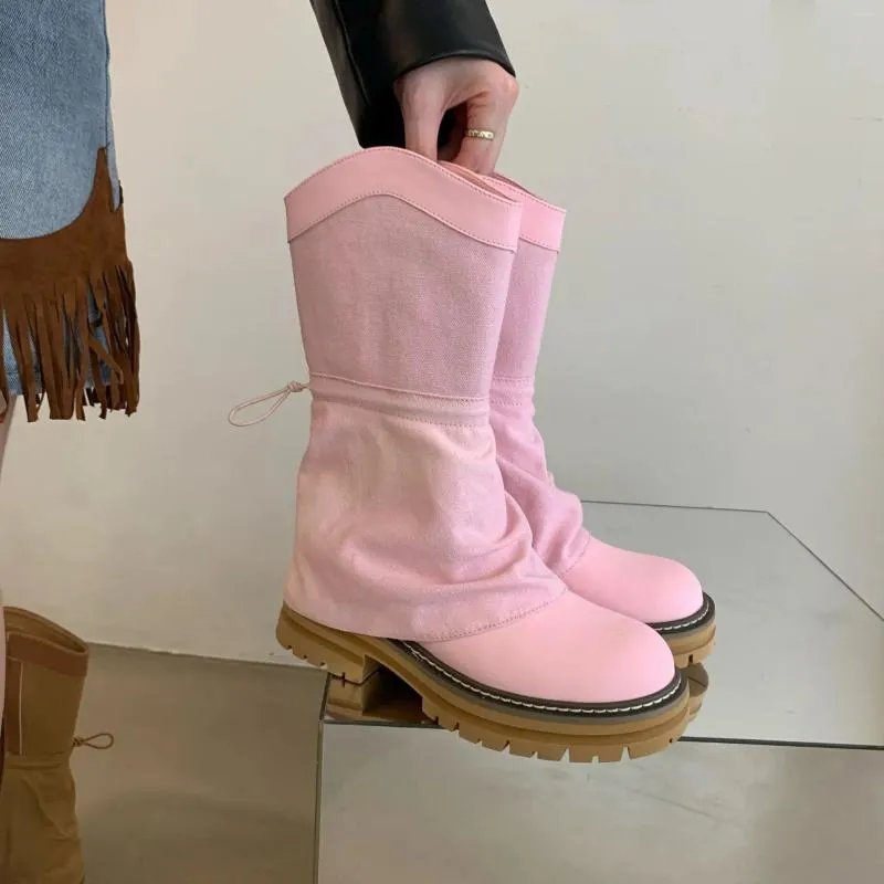 Bottes européennes américaines mi-longues épais talon moyen à la mode pantalon mince côté fermeture éclair chevalier bout rond romain